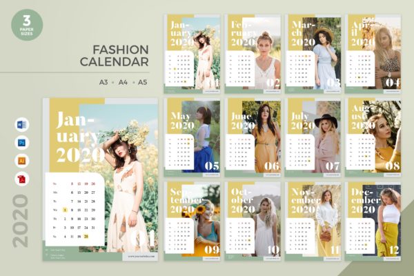 时尚服饰品牌定制设计2020年日历表设计模板精选 Fashion Calendar 2020 Calendar – AI, DOC, PSD