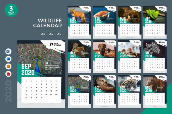 野生动物摄影主题2020年日历表设计模板精选 Wildlife Calendar 2020 Calendar – AI, DOC, PSD