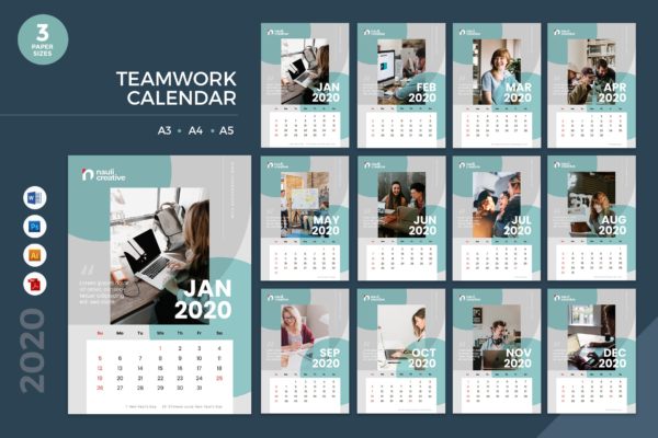 团队风采剪影2020年日历表设计模板精选 Teamwork Calendar 2020 Calendar – AI, DOC, PSD