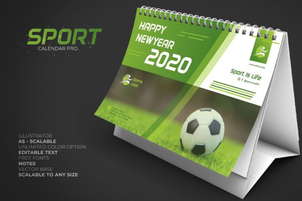 2020年体育运动主题活页翻页台历表设计模板精选 2020 Sport Calendar Pro