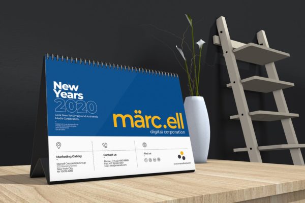 2020年深蓝色翻页台历表设计模板精选 Marcell Corporate Table Calendar 2020