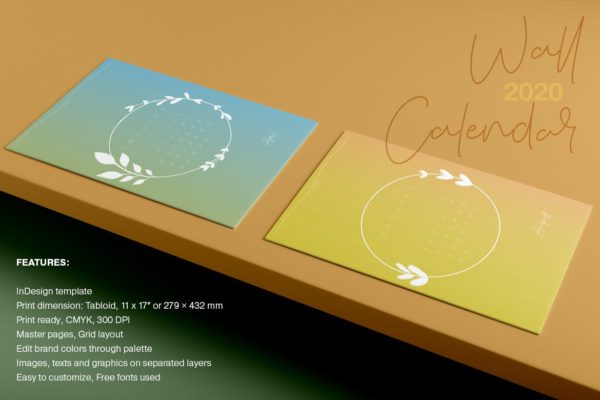 2020年简约植物手绘图案日历表设计模板精选 Wall Calendar 2020 Layout