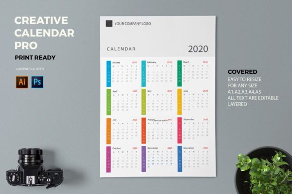 简约彩色2020日历年历设计模板精选 Creative Calendar Pro 2020