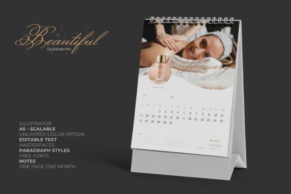 2020年美容行业定制竖版活页台历设计模板精选 2020 Clean Creative Beauty Calender Pro