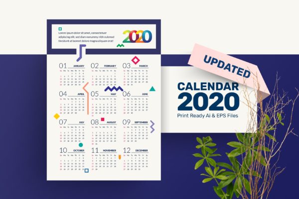 抽象几何设计风格2020年单页日历表设计模板精选 Geometric Calendar 2020