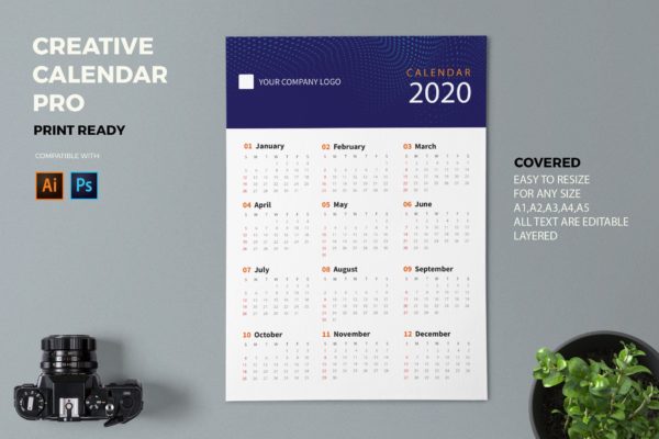 等距圆点波浪几何图形2020创意日历年历设计模板精选 Creative Calendar Pro 2020