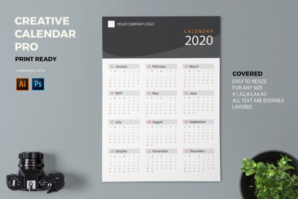 素色设计风格2020日历年历设计模板精选 Creative Calendar Pro 2020