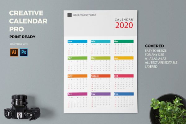 极简主义风格2020年历日历设计模板精选 Creative Calendar Pro 2020