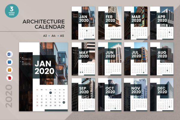 建筑行业主题2020年日历表设计模板精选 Architecture 2020 Calendar – AI, DOC, PSD