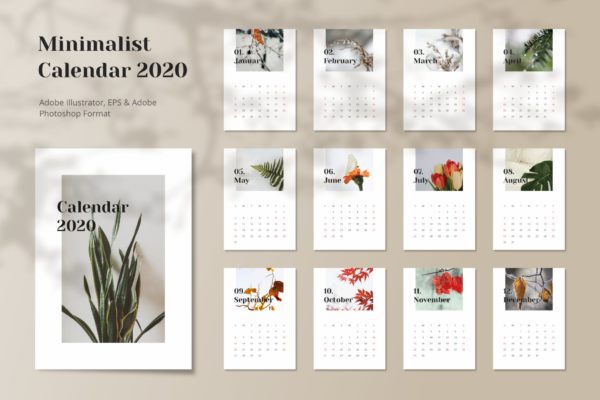 极简设计风格2020年日历年历设计模板精选 Calendar 2020 Minimalist
