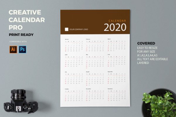 极简主义纯色设计2020年历日历设计模板精选 Creative Calendar Pro 2020