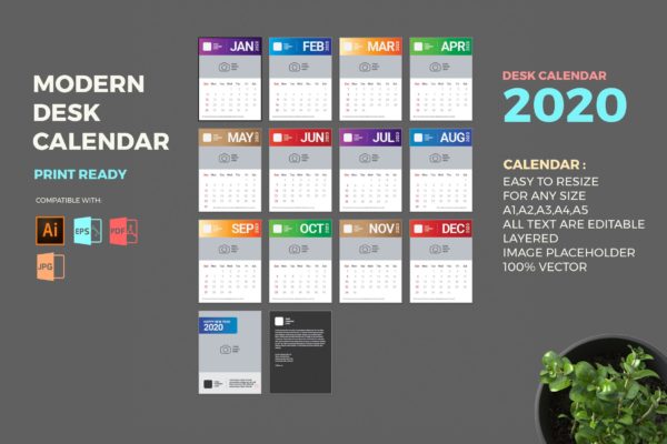 现代简约设计风格2020年台历设计模板精选 Modern 2020 Desk Calendar Pro