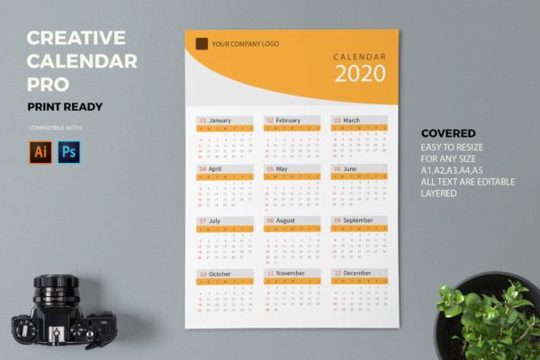 单色设计2020日历表年历设计模板精选 Creative Calendar Pro 2020