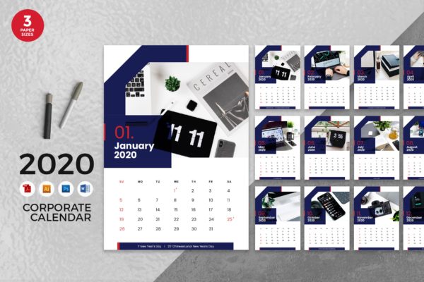 企业定制设计2020年日历表设计模板精选 Corporate Business 2020 Calendar – AI, DOC, PSD