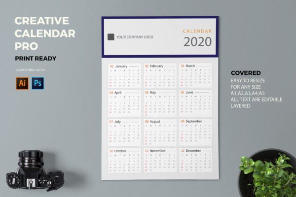 简约设计2020日历表年历设计模板精选 Creative Calendar Pro 2020
