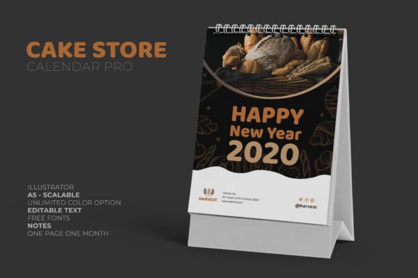 蛋糕品牌日历定制设计2020活页台历设计模板精选 2020 Cake Store Calendar Pro
