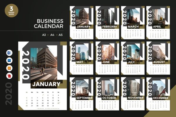 金融行业定制2020年日历表设计模板精选 Business Calendar 2020 Calendar – AI, DOC, PSD