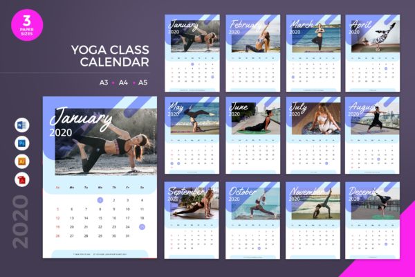 瑜伽馆定制2020年新年日历表设计模板精选 Yoga Class Calendar 2020 Calendar – AI, DOC, PSD
