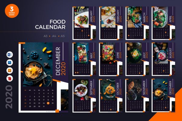 餐厅日历定制设计2020年日历表设计模板精选 Food Restaurant 2020 Calendar – AI, DOC, PSD