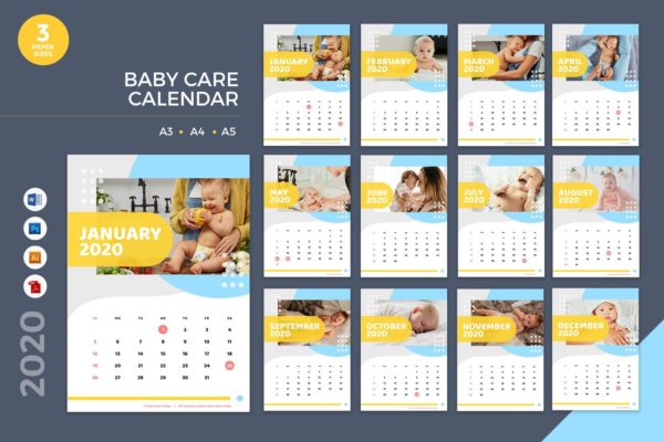 婴儿护理主题2020年日历表设计模板精选 Baby Care Calendar 2020 Calendar – AI, DOC, PSD