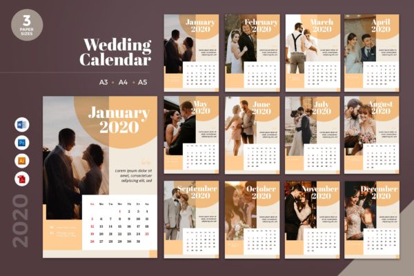 婚纱摄影婚礼定制2020年日历表设计模板精选 Wedding Calendar 2020 Calendar – AI, DOC, PSD