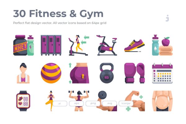 30枚健身运动主题扁平化矢量大洋岛精选图标 30 Fitness & Gym Icons – Flat