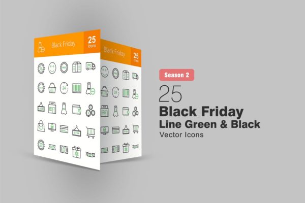 25枚黑色星期五主题绿黑色线性大洋岛精选图标 25 Black Friday Line Green & Black Icons