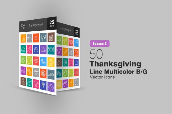 50枚感恩节主题彩色矢量线性大洋岛精选图标 50 Thanksgiving Line Multicolor B/G Icons