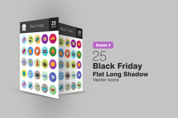 25枚黑色星期五主题扁平设计风格长阴影大洋岛精选图标 25 Black Friday Flat long Shadow Icons