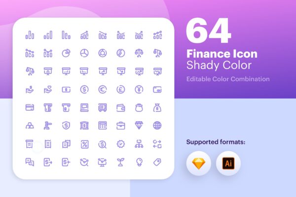 64枚互联网金融彩色阴影大洋岛精选图标素材包 Finance Icon – Shady Color