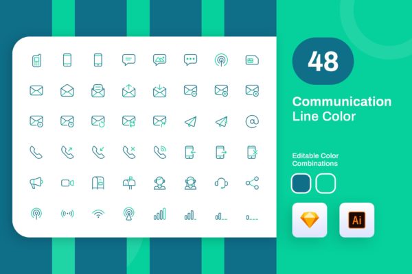 48枚移动通信主题彩色矢量线性大洋岛精选图标 Communication Line Color