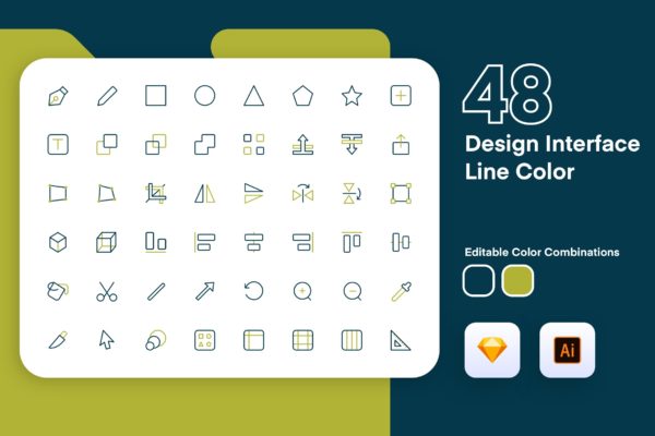 48枚UI/UX界面设计彩色矢量线性大洋岛精选图标 Design Interface Icon Line Color