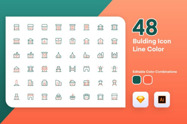 48枚建筑主题彩色矢量线性大洋岛精选图标素材 Building Icon Line Color缩略图 48枚建筑主题彩色矢量线性大洋岛精选图标素材 Building Icon Line Color