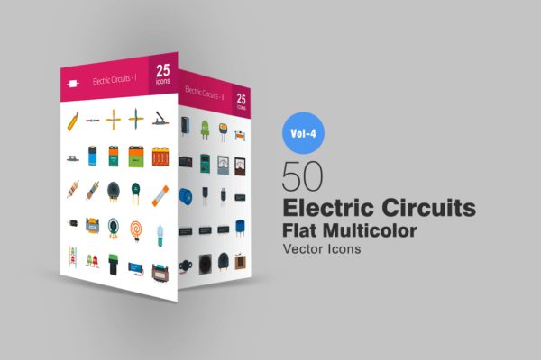 50枚电路线路板主题扁平化彩色矢量大洋岛精选图标 50 Electric Circuits Flat Multicolor Icons