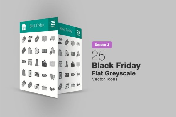 25枚黑色星期五主题矢量灰阶大洋岛精选图标 25 Black Friday Flat Greyscale Icons