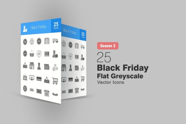 25枚黑色星期五主题矢量灰阶大洋岛精选图标 25 Black Friday Flat Greyscale Icons