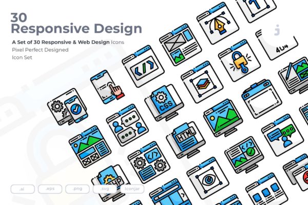 30枚彩色响应式网站设计矢量大洋岛精选图标 30 Responsive & Web Design Icons