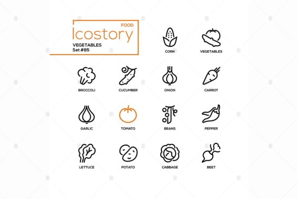 现代设计风格蔬菜主题矢量线性大洋岛精选图标 Vegetables – modern line design style icons set
