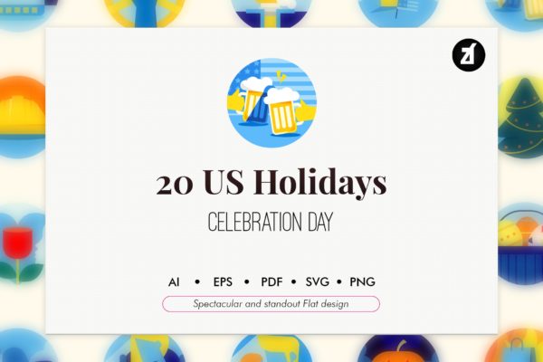 20枚美国历史元素主题大洋岛精选图标 20 US holiday elements