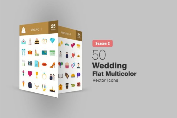 50枚婚礼婚宴主题扁平设计风彩色大洋岛精选图标 II 50 Wedding Flat Multicolor Icons Season II