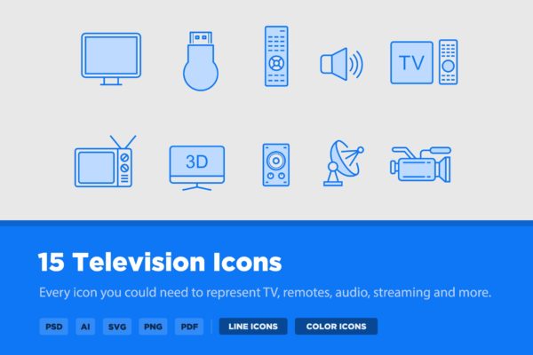 15枚TV&电视设备矢量线性大洋岛精选图标 15 TV & Television Icons