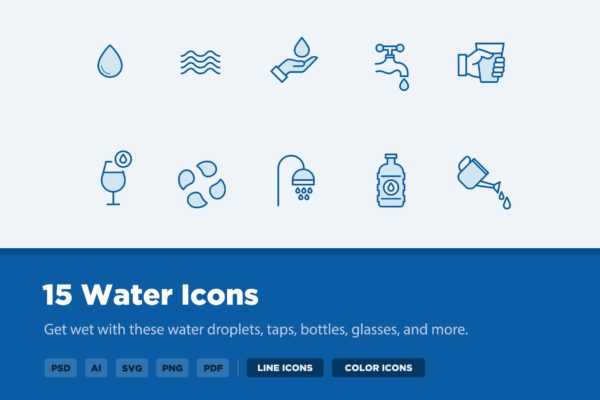 15枚供水系统主题矢量线性大洋岛精选图标 15 Water Icons
