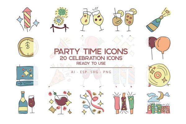 20枚活动时刻主题手绘设计风格矢量大洋岛精选图标 Party Time Icons Set