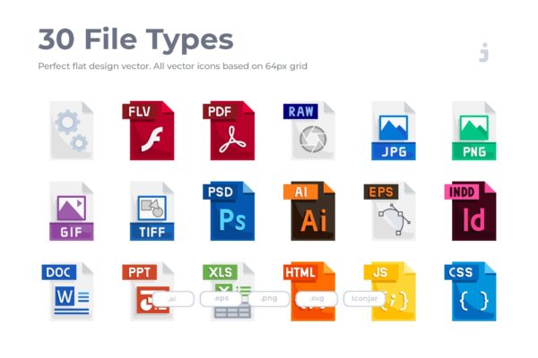 30种文件格式扁平设计风格大洋岛精选图标 30 File Types Icons – Flat