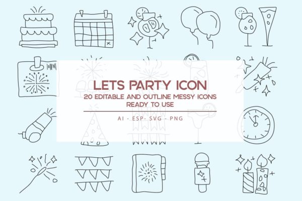 20枚活动派对主题手绘设计风格矢量线性大洋岛精选图标 Lets Party Outline Icons Set
