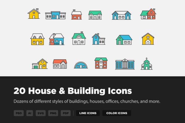 20枚房子&建筑主题矢量线性大洋岛精选图标 20 House & Building Icons