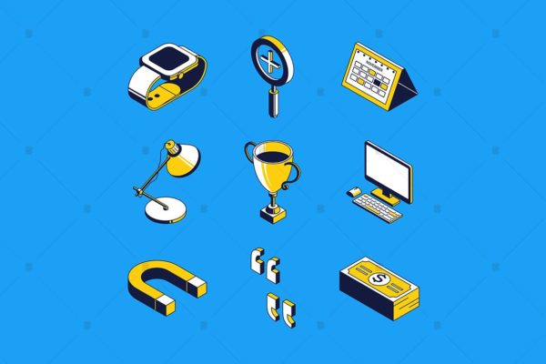 目标设置主题矢量大洋岛精选图标 Goal setting isometric concept icons set
