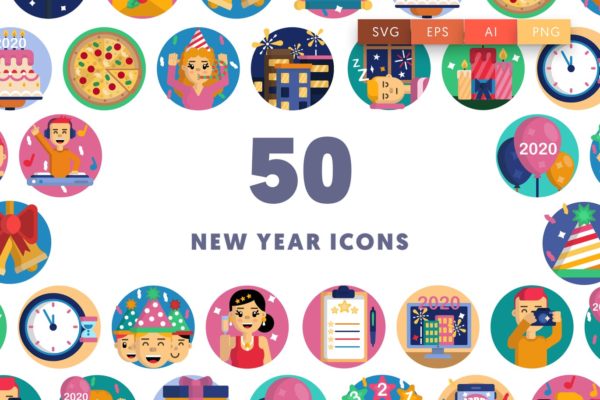 50枚新年主题圆形矢量大洋岛精选图标素材 New year icons