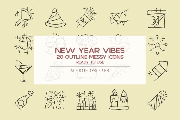 新年主题氛围实物轮廓大洋岛精选图标素材 New Year Vibe Outline Icon Set
