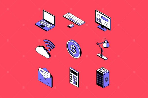 数字办公室主题矢量大洋岛精选图标 Digital office concept isometric icons set